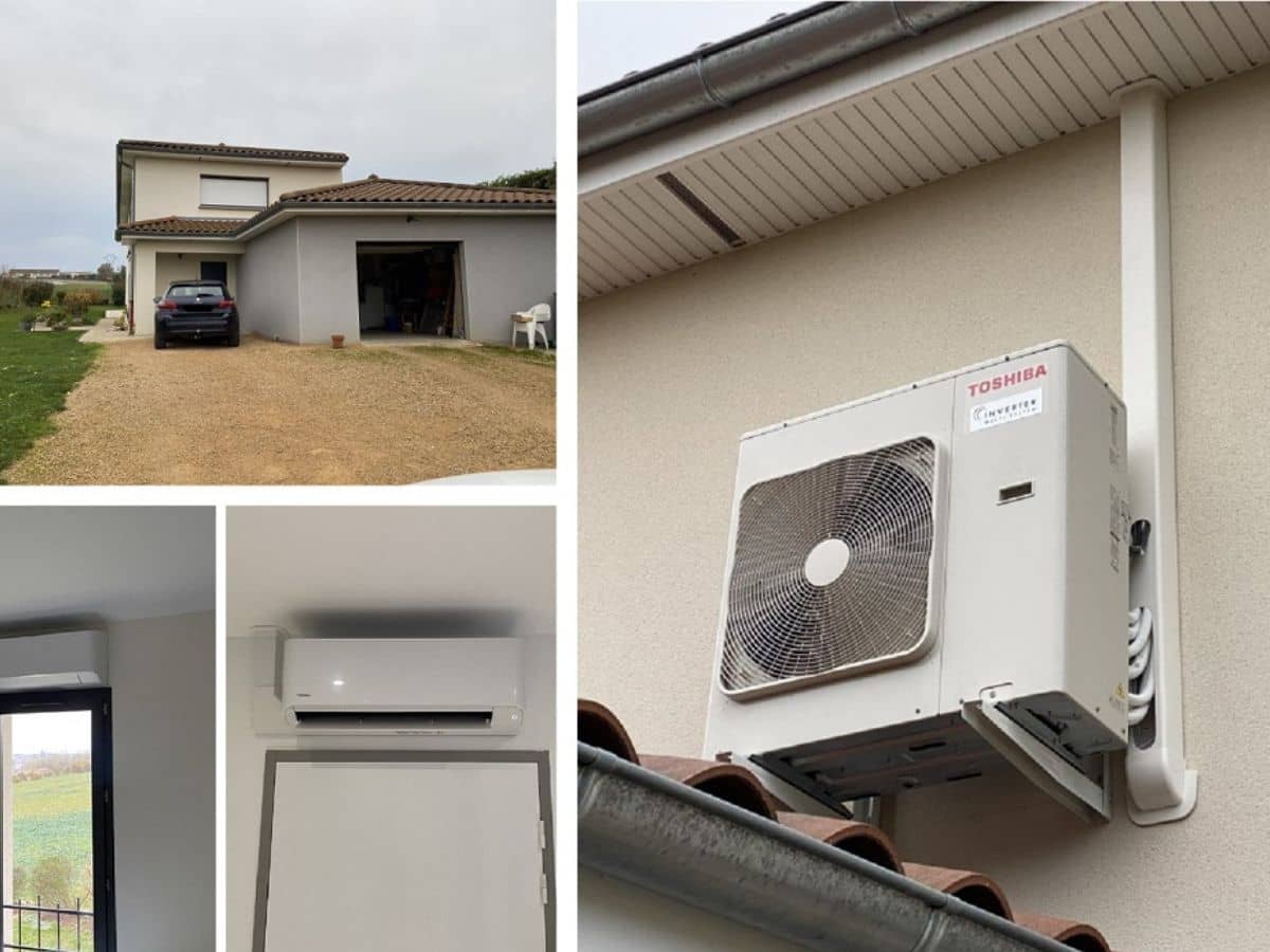Groupe extérieur de climatisation posé en façade d’une maison contemporaine